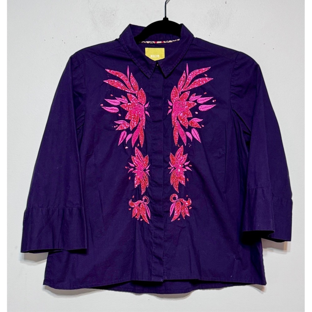 Maeve‎ by Anthropologie Purple Embroidered Cotton Button Up Blouse Size 6